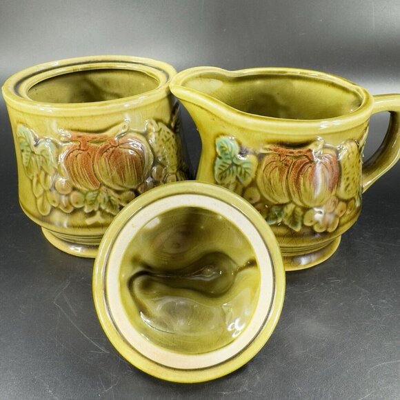 Vintage Ceramic Olive Green Sugar Bowl Creamer Fruit Veggies Made Japan Set - Picture 8 of 16